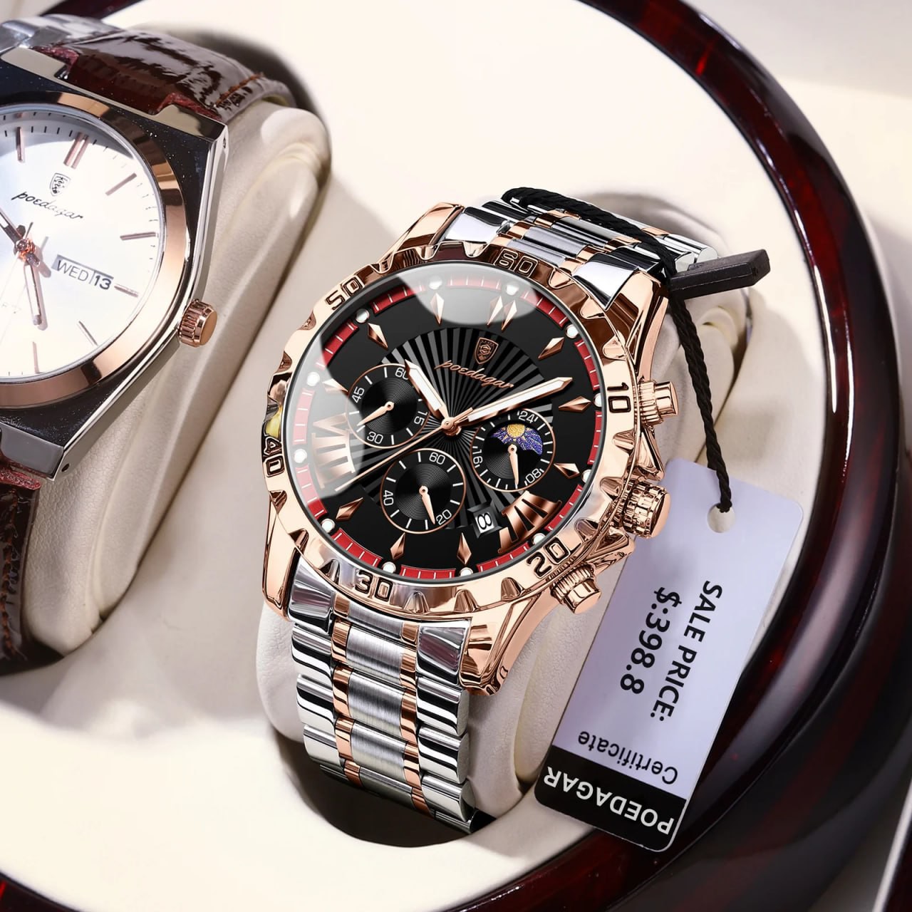 ساعت مچی مردانه اورجینال سه موتور فعال کرنوگراف خورشید و ماه بند استیل رنگ ثابت و ضداب پوداگار