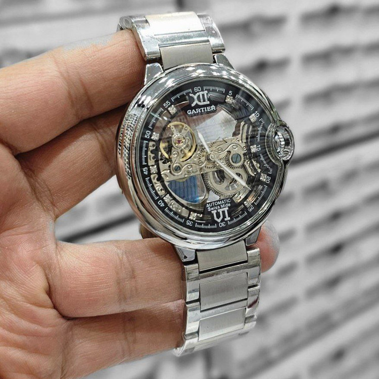 ساعت مچی مردانه اتومات موتور خطی اصلی بنداستیل رنگ ثابت قفل اصلی کارتیر Cartier