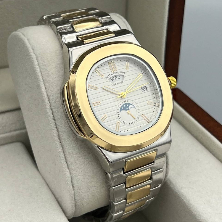 ساعت مچی مردانه دو تقویم طرح خورشید و ماه بند استیل رنگ ثابت پتک فیلیپ patek Philippe