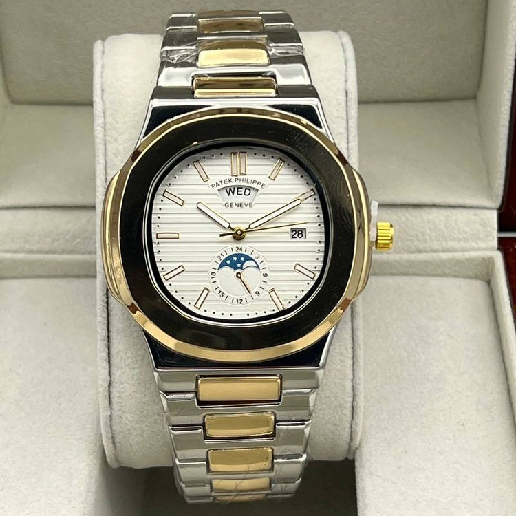 ساعت مچی مردانه دو تقویم طرح خورشید و ماه بند استیل رنگ ثابت پتک فیلیپ patek Philippe