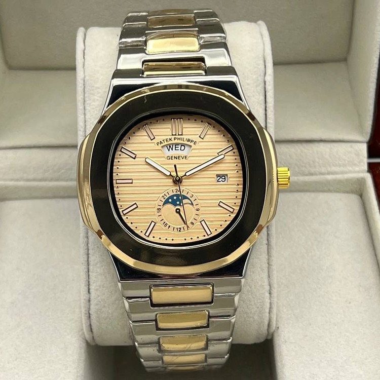 ساعت مچی مردانه دو تقویم طرح خورشید و ماه بند استیل رنگ ثابت پتک فیلیپ patek Philippe